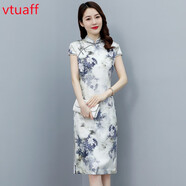 VTUAFF2025夏季新款上檔次真絲高奢時(shí)尚修身中長(cháng)款百搭婚禮旗袍連衣裙 白色 L （建議90-105斤)