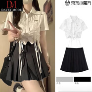 DAVEY MODE女士夏季衣服新款套裝女短袖T恤女裝襯衫系帶上衣潮搭配百褶裙 白色襯衫黑色百褶裙 M