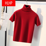 HLHP輕奢高檔品牌韓版秋冬高領(lǐng)毛衣女短袖修身套頭打底針織衫半袖大da碼外套上衣加厚 紅色 L100-110
