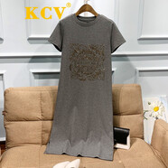 KCV 中長(zhǎng)款T恤裙夏季新款短袖圓領(lǐng)修身燙鉆連衣裙女顯瘦百搭打底裙 灰色 2XL 125-135斤