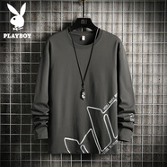 花花公子（PLAYBOY）春秋純棉衛(wèi)衣男士長(zhǎng)袖t恤加大碼圓領(lǐng)寬松冬季加絨體恤T打底衫衣服 32灰色（春秋款） 5XL