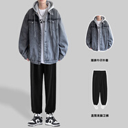 主意范（ZHUYIFAN）胖子超大碼牛仔外套男寬松大碼夾克高街連帽牛仔衣潮百搭休閑上衣 JK780灰色+黑褲 5XL 205-240斤