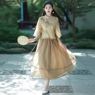 妍莉芬（yanlifen）新中式禪意茶服旗袍套裝女日常改良漢服文藝國風(fēng)顯瘦溫柔連衣裙夏 美人咖旗袍兩件裝 L