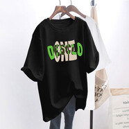 君茵 純棉短袖T恤女寬松韓版女裝ins潮2022春夏季新款中長(cháng)款半袖上衣ins潮學(xué)生班服團服 黑色【8843】 XL