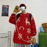 嘉曄紅色毛衣麋鹿圣誕毛衣男冬季寬松情侶針織衫潮流百搭加厚保暖 紅色 M
