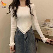 咚憬2025春秋新款不規(guī)則流蘇長袖打底毛衣針織衫女內搭設計感短款上衣 白色 均碼