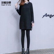 莎妮朵羅大碼女裝冬裝新品胖妹妹顯瘦加絨加厚條紋撞色拼接胖mm遮肚子連衣裙16662 無絨 2XL 建議120-140斤穿著