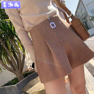 麥潮尚單兩件裝毛呢短褲女秋冬a字高腰顯瘦百搭褲子冬季外穿靴褲女 卡其色 單件裝 4XL 160-190斤