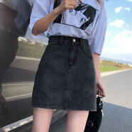 雨澤倫（YUZELUN）半身牛仔裙女夏季2023年新款ins辣妹風(fēng)高腰薄款a字包臀裙超短裙女 黑灰色 S 建議80-95斤