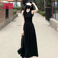 UKMR法式小黑裙女2025夏純欲背心吊帶長裙a字大擺裙子黑色無袖連衣裙 黑色 XL 建議105-125斤