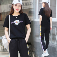 越倫 運(yùn)動(dòng)套裝女短袖休閑套裝夏季新款寬松冰絲束腳長(zhǎng)褲韓版時(shí)尚跑步服女顯瘦百搭兩件套2022七夕情人節(jié) 黑色 L（100-115斤）