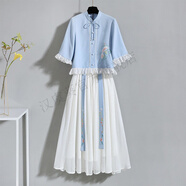 漢虞葵漢服女衣服學(xué)生古裝長(cháng)款中國風(fēng)唐裝民族風(fēng)裙改良版仙女裙套裝 藍色套裝 (上衣+裙子) S 【80-95斤】