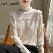 拉夏貝爾（La Chapelle）精紡半高領(lǐng)羊 毛衫女蕾絲花邊鏤空提花長(cháng)袖針織毛衣釘珠打底衫上 純100自動(dòng)發(fā)熱米駝色 純100自動(dòng)發(fā)熱XL