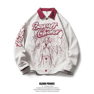 港埔潮KKyesiou美式潮牌部落天使麂皮絨棒球服男女歐美復古高街夾克外套 淺灰色 L