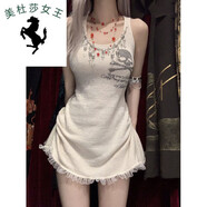 溥畔2025夏季綁帶收腰設計感蕾絲花邊美式辣妹短款無(wú)袖吊帶連衣裙 米杏色_圖片色 S