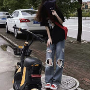 熙敘晨淺色牛仔褲女磨破洞復古高腰水洗做舊顯瘦小眾設(shè)計感直筒闊腿長褲 藍色 XL 建議115-125斤