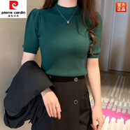 皮爾卡丹（pierre cardin）2025年春夏新款小高領泡泡短袖針織衫女歐貨修身顯瘦洋氣打底上衣 綠色 S