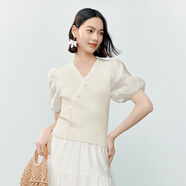 伊芙麗新中式國(guó)風(fēng)假兩件網(wǎng)紗V領(lǐng)設(shè)計(jì)感針織衫女2024秋裝新款 米色 S 80-100斤
