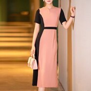 首尚格釋?zhuān)⊿USONGETH）粉色拼接連衣裙女夏季2024新款時(shí)尚氣質(zhì)減齡中長(cháng)款圓領(lǐng)修身直筒裙 黑粉拼色 M