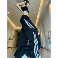 燦圖美式潮流工裝褲女春夏季寬松休閑三條杠闊腿褲運動(dòng)速干百搭長(cháng)褲子 黑色 M