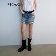 MO&Co.牛仔半身裙微A短裙夏愛(ài)心波點(diǎn)中腰破洞手工磨白甜酷摩安珂 牛仔藍色 M 165