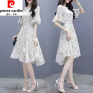 皮爾卡丹（pierre cardin）真絲連衣裙女夏季新款港味氣質(zhì)修身印花氣質(zhì)高端桑蠶絲中長(cháng)裙顯瘦 091#白色 XL