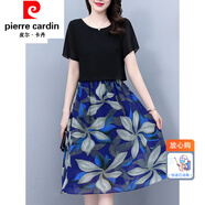 皮爾卡丹（pierre cardin）女裝2022夏天新款闊太太中年年輕女士洋氣假兩件裝雪紡碎花連 0851款 L【100-115斤】