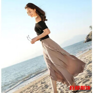 tromlfz春夏韓版一片式長裙系帶高腰中長款a字法式過膝半身裙女圍裙 卡其色 均碼 80-150斤