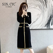 SIN.CYC長(cháng)款修身針織連衣裙女長(cháng)袖秋冬季長(cháng)袖打底赫本小黑裙 黑色 S