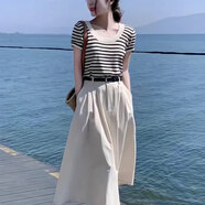韓璐嬌（hanlujiao）連衣裙女裝夏季2024年新款氣質(zhì)顯瘦針織衫高腰休閑裙子夏天套裝女 上衣+裙子 M