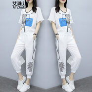 艾珠兒休閑褲女時(shí)尚套裝夏季新款韓版上衣九分褲女寬松顯瘦休閑套裝女 藍(lán)色 M
