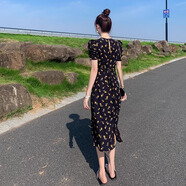 傾她法式氣質(zhì)桔梗碎花連衣裙女夏季2025新款高級感中長款顯瘦茶歇裙子 藏青色 S 建議80-95斤