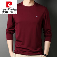 皮爾卡丹（pierre cardin）新款桑蠶絲長(cháng)袖t恤男春秋季潮流體恤圓領(lǐng)純色薄款打底衫 棗紅 XL 175建議140-160斤