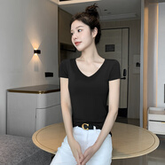 黑色v領(lǐng)短袖t恤女莫代爾冰絲2024新款夏季設(shè)計(jì)感低領(lǐng)修身打底上衣 黑色【薄款】 L【102-114斤】