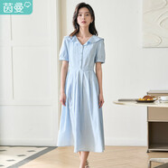 茵曼（INMAN）法式連衣裙女夏荷葉領(lǐng)收腰寬松大擺中長(cháng)裙18322|353 藍色 S 