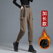 牧獅德 工裝褲女秋冬新款百搭加絨加厚寬松顯瘦百搭哈倫老爹毛呢褲子 卡其色【加長加絨款】 XL