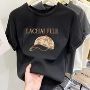 尚濤短袖t恤女2024夏季女裝新款韓版顯瘦休閑體恤小眾上衣 金帽黑色 L建議95-110斤