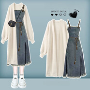 伊琦蕾大碼女裝秋冬季套裝女2025新款寬松針織開(kāi)衫顯瘦牛仔連衣裙兩件套 牛仔背帶裙 單件 L 建議100-120斤