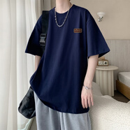 魄克酒紅色短袖t恤男夏季重磅大碼寬松純棉衣服潮牌2023新款港風體恤 藏青色 L 105-120斤