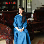 如素慢衣夏季文藝簡(jiǎn)約亞麻寬松純色七分袖連衣裙女33208q 湖藍(lán)色 M