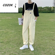 CINESSDins港風(fēng)復古工裝背帶褲男生秋冬季原宿風(fēng)潮流寬松直筒束腳吊帶褲 白色 XL