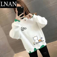 LNAN女裝卡通衛(wèi)衣女2025新款春秋裝韓版百搭寬松薄款假兩件印花上衣 白色-慵懶貓黑字 L_建議100-120斤