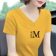 美莎尼純棉短袖T恤女V領(lǐng)上衣2023年新款百搭印花女裝雞心領(lǐng)夏裝體恤 黃色-雞心M字母 3XL 建議135-150斤