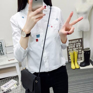 暖喬（Nuanqiao） 全棉襯衫女長(cháng)袖春秋刺繡純棉白打底襯衣百搭學(xué)生 長(cháng)袖白色方格 M（100-110斤）