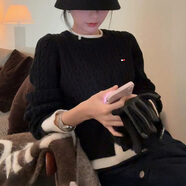 TOME BORNEK湯米新款圓領(lǐng)純棉針織衫女士刺繡假兩件套毛衣麻花秋冬打底 黑色 M 建議100-110斤