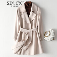 SIN.CYC雙面羊毛大衣女中長款修身秋冬季小個(gè)子顯瘦腰帶毛呢外套 米白 XL 118-130斤