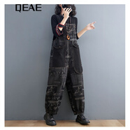 QEAE 輕奢潮牌2022春季新款文藝大碼寬松牛仔背帶褲印花洋氣減齡連體褲減齡顯瘦復古時(shí)尚遮肉跨褲子 英文字母 L【90-120斤】