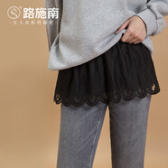 路施南蕾絲屁簾女秋冬季女遮屁顯瘦內(nèi)搭疊穿假下擺打底A字半身裙假裙 黑色 JQ032 XL