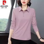 皮爾卡丹（pierre cardin）24年新款春秋新款T恤長(zhǎng)袖polo領(lǐng)翻領(lǐng)純色中年上衣女寬松百搭大尺 淺粉 XL 建議105-120斤
