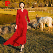 皮爾卡丹（pierre cardin）紅色旅拍草原沙漠連衣裙云南西藏旅游度假裙子民族風(fēng)防曬連帽長(zhǎng)裙 紅色 2XL